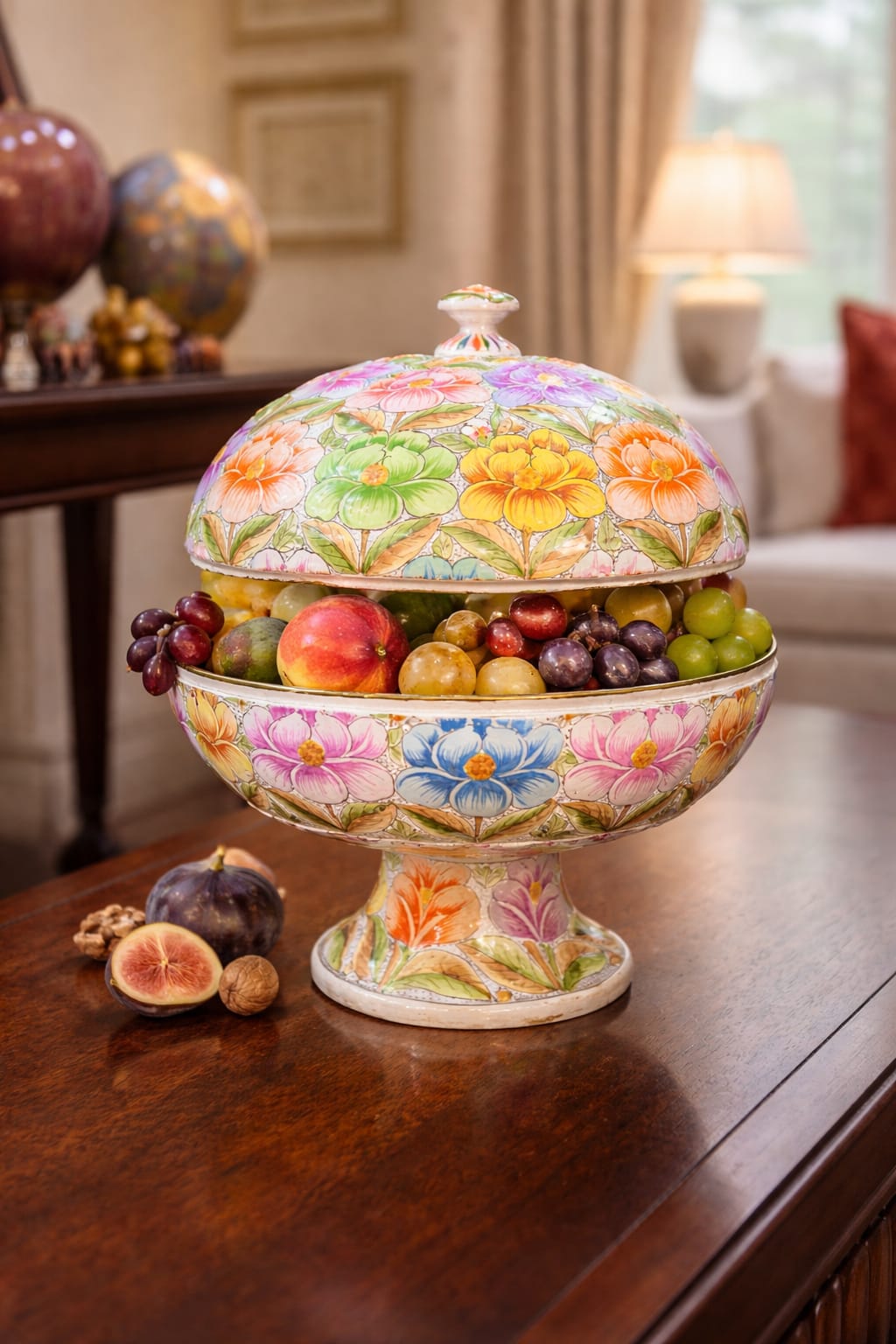 Hand Painted Fruit Bowl, Paper Mache Bowl with Lid